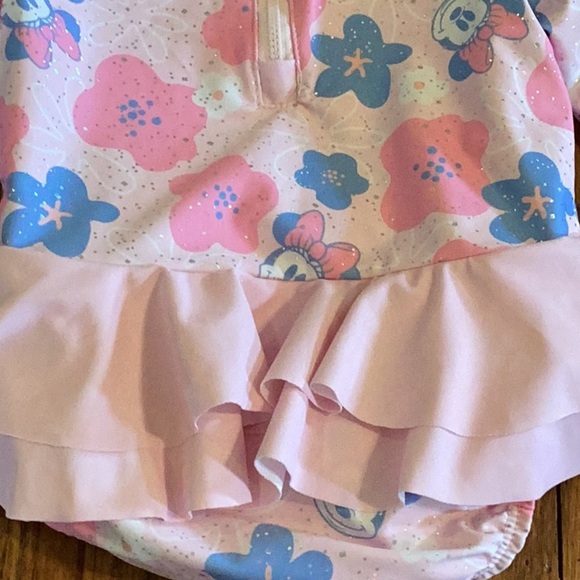Disney Minnie Mouse pink sparkly floral long sleeve ruffled one piece swimsuit - Picture 7 of 16